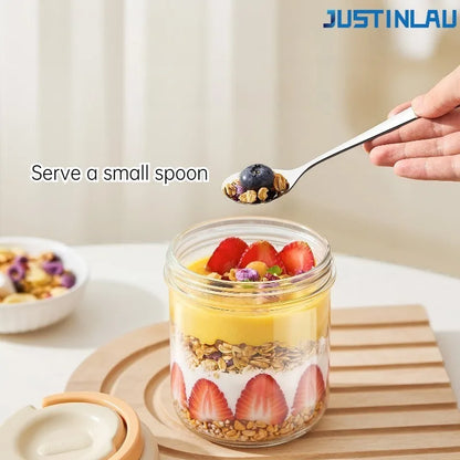 8.5 cm or 12.5 cm, Portable Salad Cup with Stainless Steel Spoon, Thick Glass Breakfast Cup Sealed for Students Breakfast