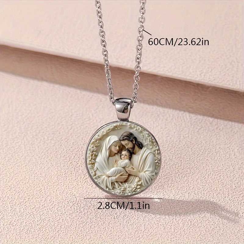 The Holy Family Glass Pendant Necklace,  Catholic Saint Joseph,  Virgin Mary,  Jesus Necklace