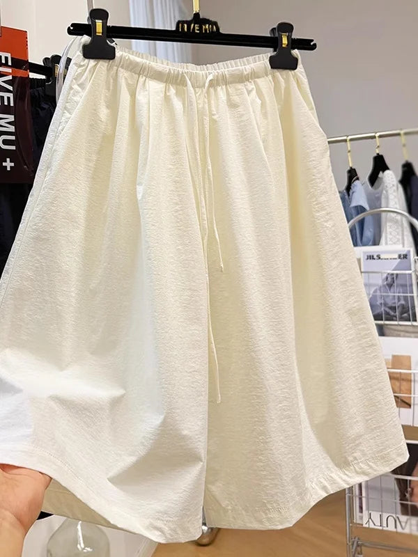 Quick Dry Thin Wide Leg Pants, Women's Elastic Waist Five-Point Shorts, Casual Straight Leg Acetate Fiber  for Summer