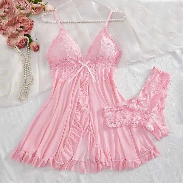 Sexy Nightgown Set Plus Size Sets Transparent Ultra-thin Women Pajamas Lace Brathong Set  Summer Lingerie Hot Mini Night Dress