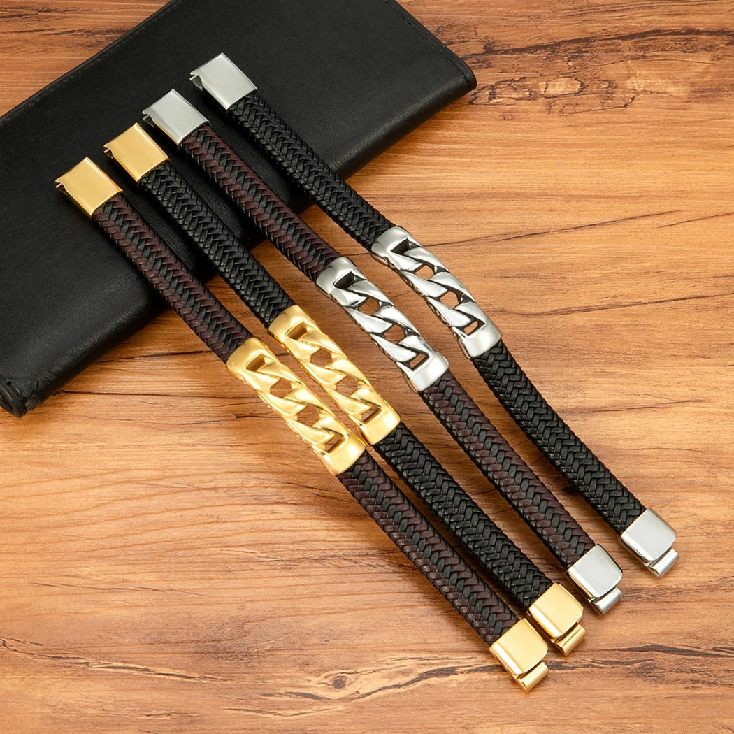 Stainless Steel Men's /Women Bracelet.   Woven Leather  with  Magnetic Buckle.  Business Jewelry/ Accessory /Gifts