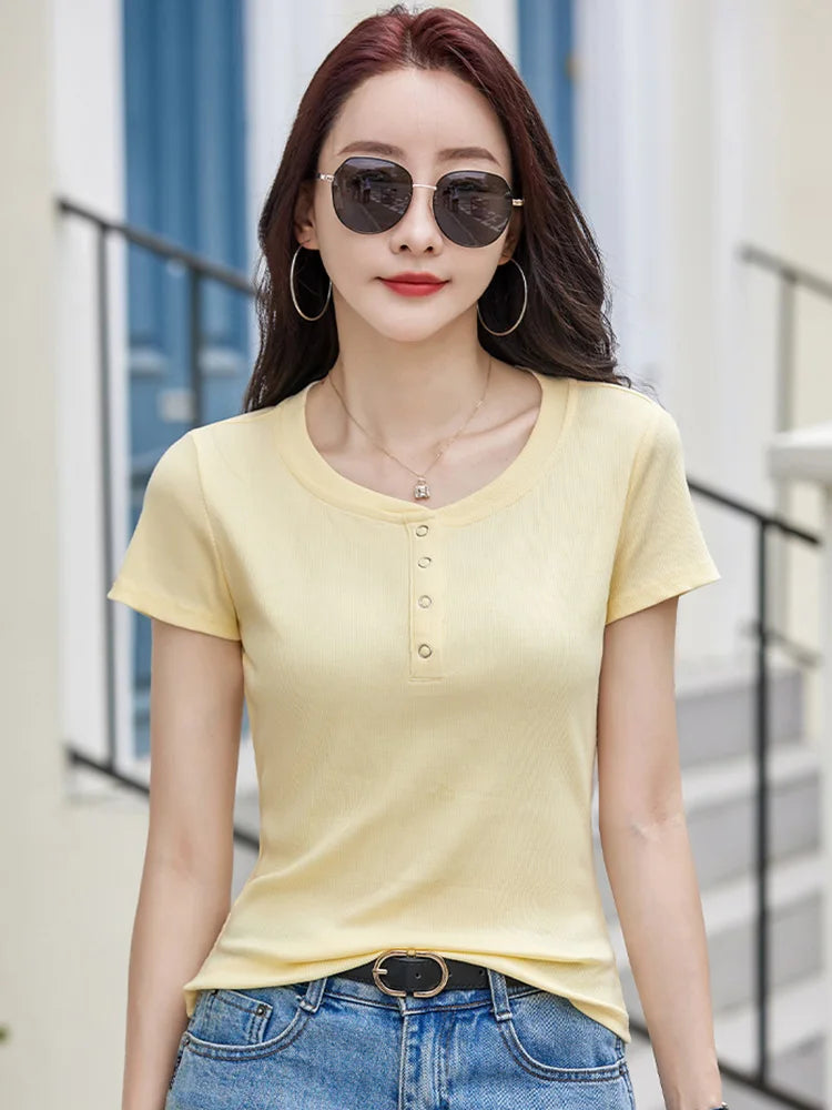 New Women Casual T-shirt Summer Fashion O-Neck Short Sleeve Solid Color Slim Tees Simplicity Basic Short T-shirt Female 4 colors, well-stocked.