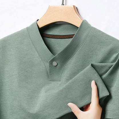 2026 Men's Casual and Fashionable One Button V-neck,  Solid Colors to choose from,  Short Sleeved T-shirt for Summer.