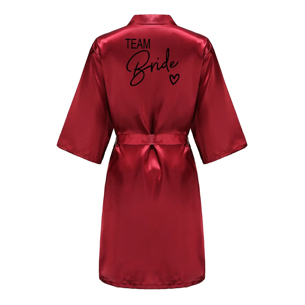 Wedding Party Team Bride Robe With Black Letters, Kimono Style Satin Bridesmaid Bathrobes