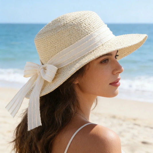 Womens  Summer  " Sweet Bucket " Hat.  Breathable,  Sun Hat with  Elegant Flat Top, Bowknot, Casual