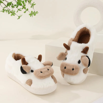 Winter Home Slippers for Warm Plush COMFORT FOR CHILDREN. NICE AND FRIENDLY Neutral Cartoon Cow for a little Indoor Fun. Anti-Slip for safety at Home.