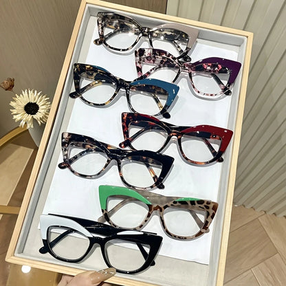 New style Stylish Cat-Eye Glasses with Unique Blue Light Blocking Feature.   Retro-Style Eyewear Designed for Women with Color.  The only combination of color that isnt available is BLUE/LEOPARD.  Everything else is Very Good