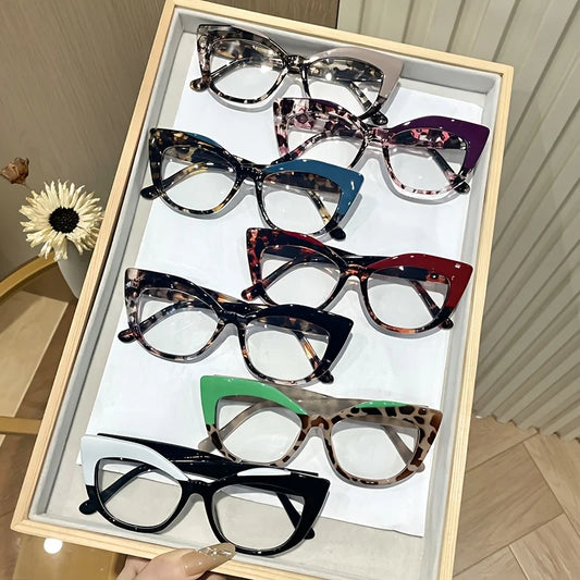 New style Stylish Cat-Eye Glasses with Unique Blue Light Blocking Feature.   Retro-Style Eyewear Designed for Women with Color.  The only combination of color that isnt available is BLUE/LEOPARD.  Everything else is Very Good