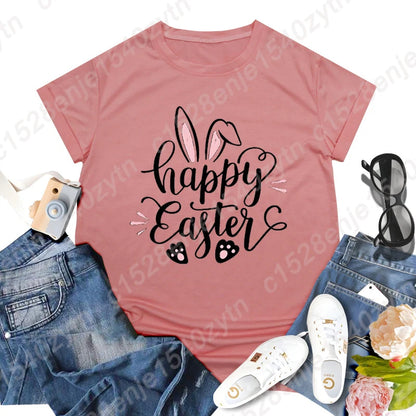 Cute Happy Easter Bunny Print T-Shirts  for Junior Women , Short Sleeve,  Round Neck Tee Shirt Casual,  Soft Summer,  Solid Color T Shirt /Tops