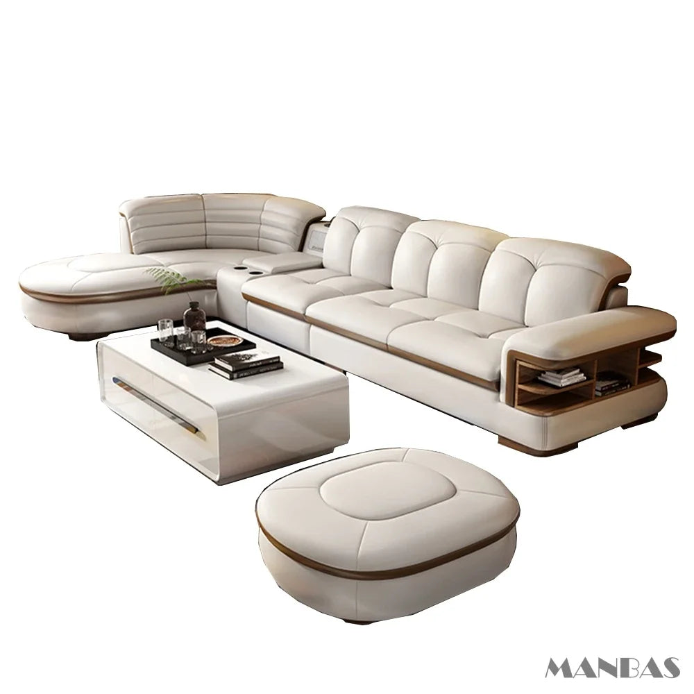 Luxury L-Shaped Genuine Leather Sectional Sofa Sets with USB, Bluetooth Speaker - Living Room, Italian Leather Couches