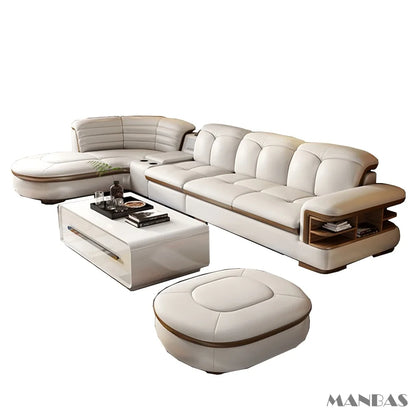 Luxury L-Shaped Genuine Leather Sectional Sofa Sets with USB, Bluetooth Speaker - Living Room, Italian Leather Couches