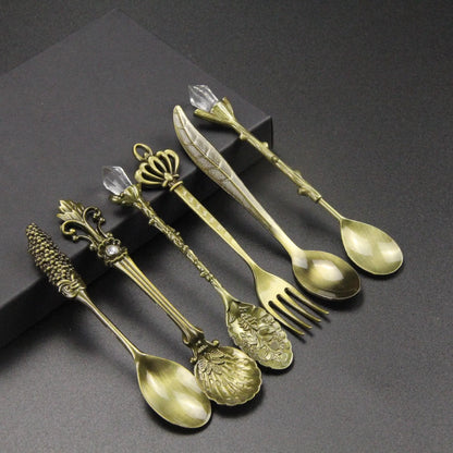 6pcs Vintage Spoons /Fork Royal Style Gold Carved Coffee,  Tea,  Spoon Snacks,  Fruit,   Dessert Fork/ Cutlery Set Serving Pieces