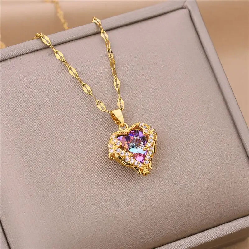 Top Luxury Colorful Crystal Ocean Heart Pendant Necklace For Women Stainless Steel Jewelry The Perfect MOTHERS DAT Gift