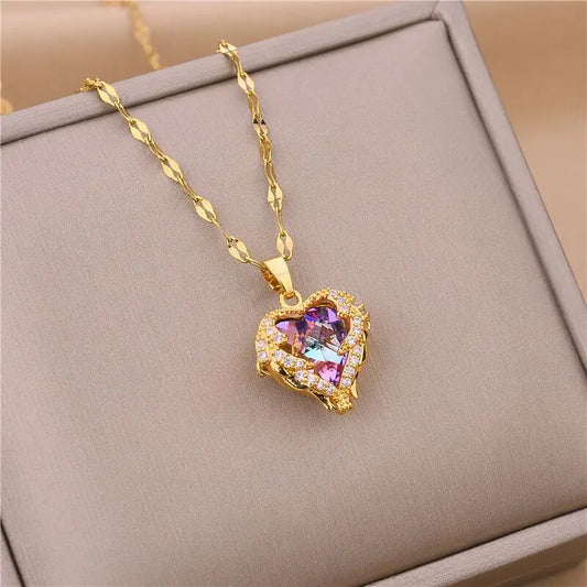 Top Luxury Colorful Crystal Ocean Heart Pendant Necklace For Women Stainless Steel Jewelry The Perfect MOTHERS DAT Gift