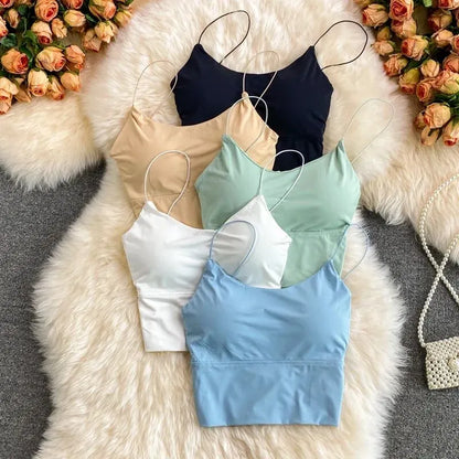 1pc Women Sexy Solid Color Camisole Ice Silk Tube Seamless Sports Tank Top Wireless Underwear Padded Bra Bralette Vest. SKY BLUE is available, one size with slight STRETCH.