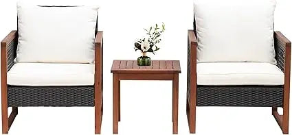 Outdoor Patio Furniture Set, Modern Rattan Bistro Conversation Set with Acacia Wood Frame, Coffee Table, Water-Resistant Cushions
