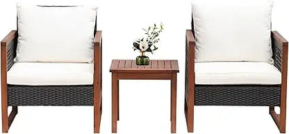 Outdoor Patio Furniture Set, Modern Rattan Bistro Conversation Set with Acacia Wood Frame, Coffee Table, Water-Resistant Cushions