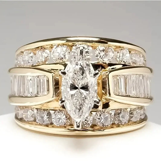 Gorgeous Three-Row White Zircon Engagement Ring,  Gold Color Party Anniversary Wedding Rings for Women. Size 8 is gone,  7 is low,  and 6,9,10,11 are all available.