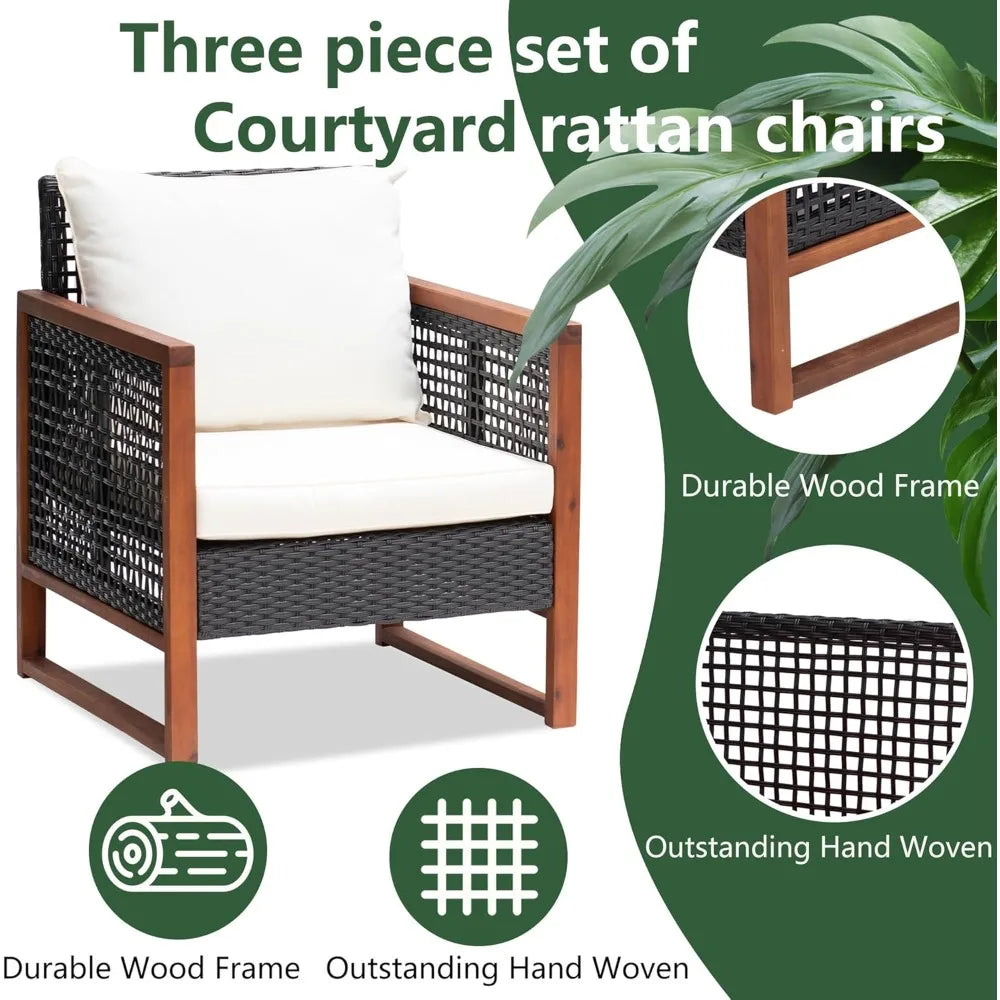 Outdoor Patio Furniture Set, Modern Rattan Bistro Conversation Set with Acacia Wood Frame, Coffee Table, Water-Resistant Cushions