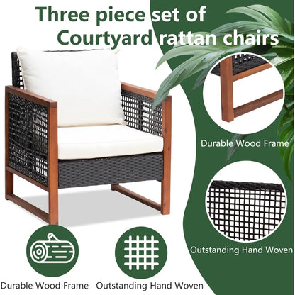 Outdoor Patio Furniture Set, Modern Rattan Bistro Conversation Set with Acacia Wood Frame, Coffee Table, Water-Resistant Cushions