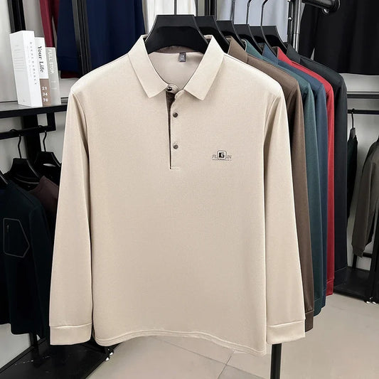 2026 Men's Business Casual Long Sleeved Shirt with Badge,   Solid Colors  of Polo Shirts.   Fashionable, Comfortable, Versatile. Nice Colors.