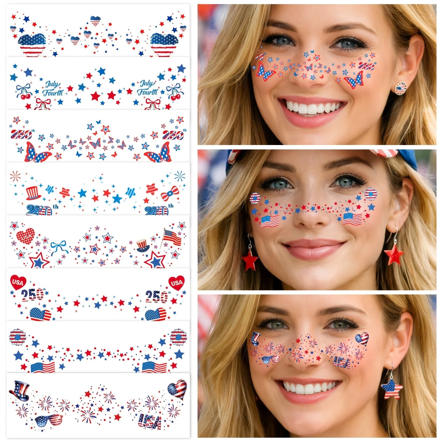 8pcs 250th Anniversary 4th of July Freckles Tattoos Red White Blue Patriotic Face Stickers fo Memorial Day, Veterans Day, Independence Day Party Favors
