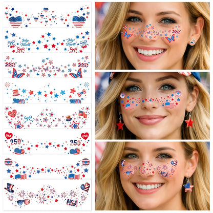 8pcs 250th Anniversary 4th of July Freckles Tattoos Red White Blue Patriotic Face Stickers fo Memorial Day, Veterans Day, Independence Day Party Favors