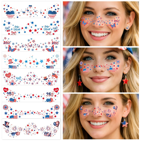 8pcs 250th Anniversary 4th of July Freckles Tattoos Red White Blue Patriotic Face Stickers fo Memorial Day, Veterans Day, Independence Day Party Favors