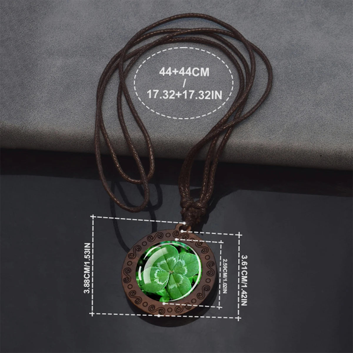 Four Leaf Clover Glass Dome Wooden Pendant Necklace,  Rope Chain,  Retro Jewelry,  St.Patrick's Day Gift
