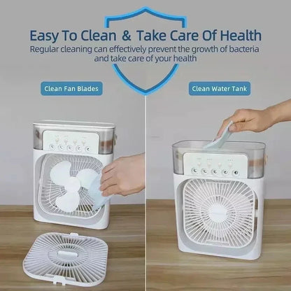 New 3 In 1 Fan AIr Conditioner Household Mini Air Cooler.   LED Night Light Portable Humidifier Air Adjustment Fan for  Home/Office, Car, Outside. Black is the most available color, white is lower in quantity but still good.