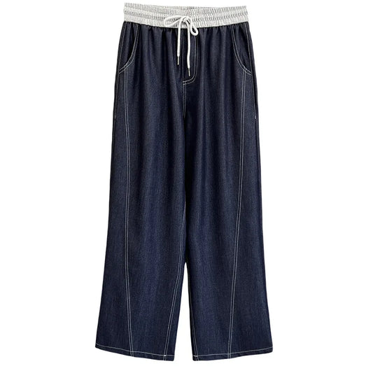 Spring Summer Wide Leg Jeans.  100kg  Temperament Color,  Waist Thin,  Lyocell Plus Size Women, Bright Line,  Straight Trousers