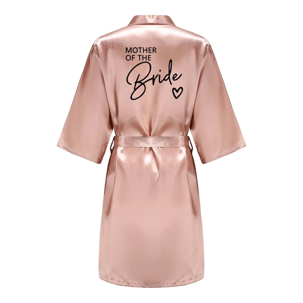 Wedding Party Team Bride Robe With Black Letters, Kimono Style Satin Bridesmaid Bathrobes