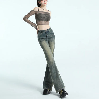 High Waist Slimming Denim Pants,   Retro American Style  FOR  Autumn New Fashionable Women's Pants,  Micro Flared Long Pants  OF STRETCHABLE Polyester
