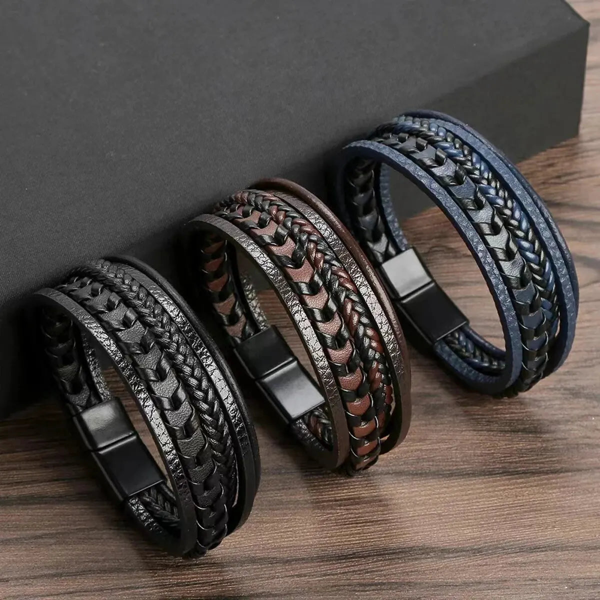 1pc Fashion Accessories MEN'S Multi-layered Vintage Leather Rope Braided Bracelet.  Women who don't have tiny wrists might find a fit.   Alloy Magnetic Buckle Bracelet.  BROWN then Black available if you hurry.  Blue is almos