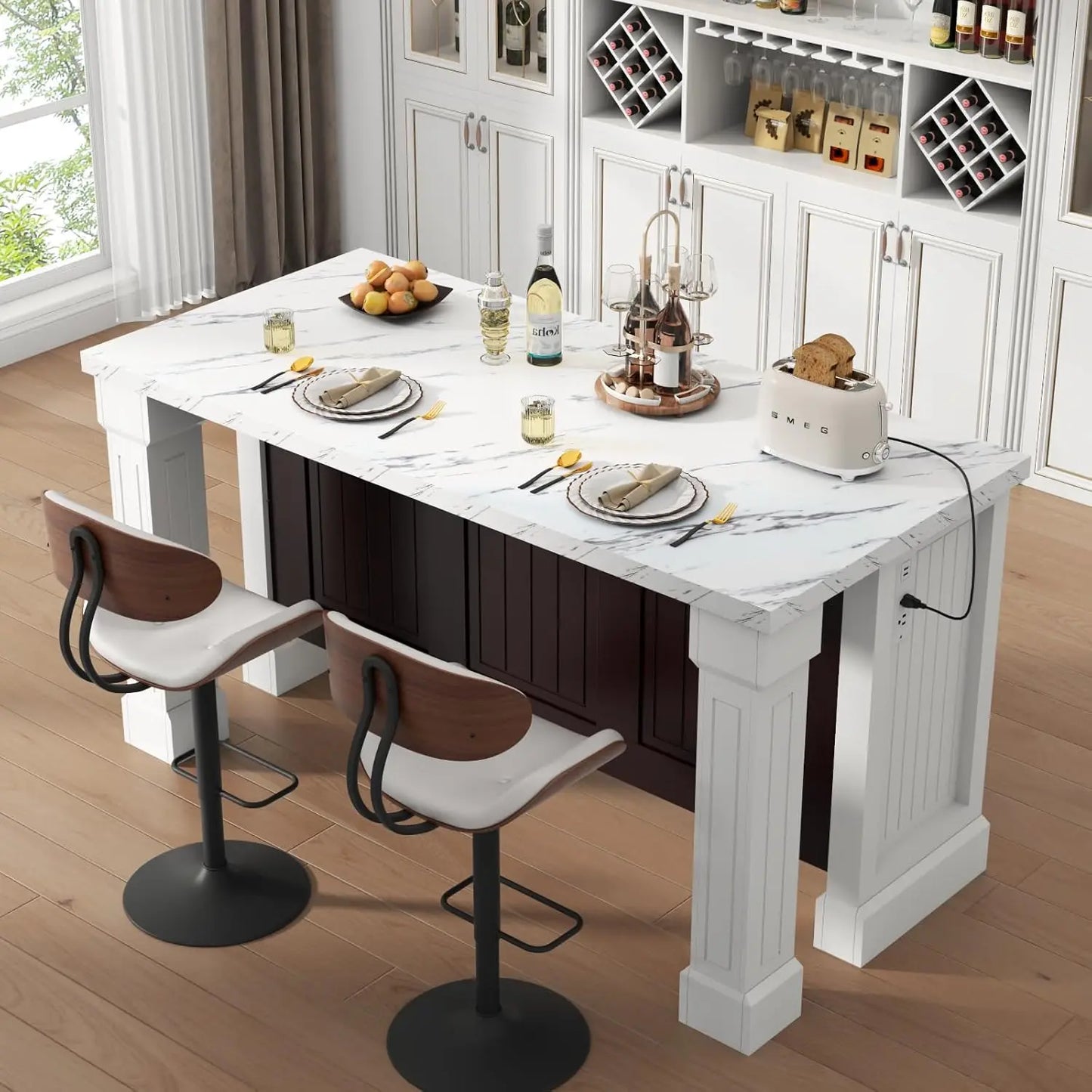 63" Large Imitation Marble Dining Table for 4-6 People(Patent Pending),Island Table with LED Lights, Modern faux Marble finish