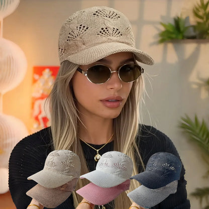 Summer Glossy Openwork Knit Baseball Cap for Women,Outdoor Sun Protection Hat Breathable Flattering Versatile.  BEIGE and KAIKI are gone.  Other colors are GOOD.