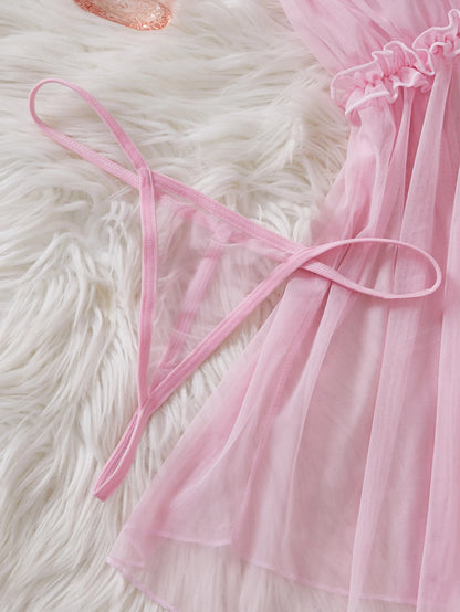 Womens Perspective Mesh Nightdress  with Bow Wrapped Around Chest.   Pink,  Sexy Babydoll Lingerie  for Valentine Day Gift or any other Day.