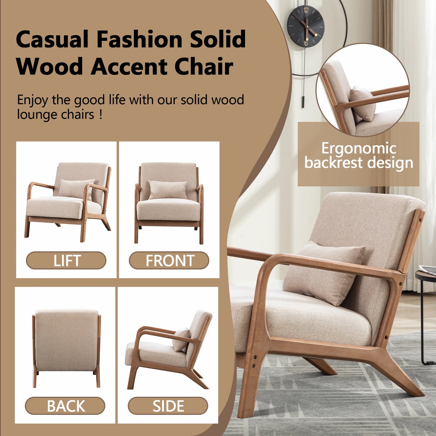 29*33*26 Inch Solid Color Solid Wood Living Room Chair. 105° Backrest with Non-Slip,  Casual Bedroom Chair With Pillow