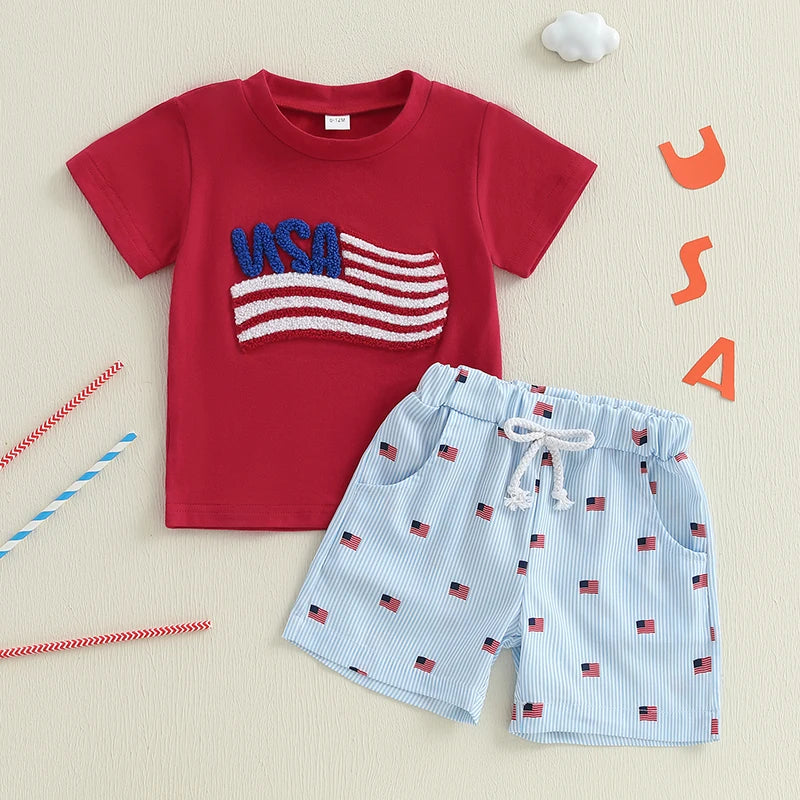 2025-02-22 Lioraitiin Baby Boys Patriotic Outfits Flag Embroidery Short Sleeves T-Shirt and Elastic Striped Shorts Clothes Set