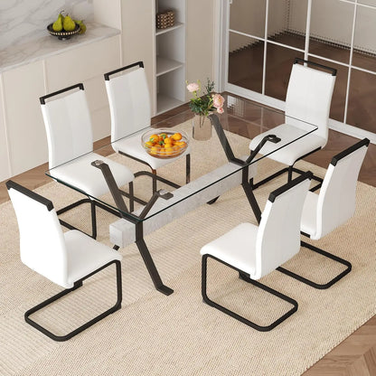 71“ Glass Dining Table Set for 6, Modern 7-Piece Dining Table Set,Rectanglular Tempered Glass Top and Metal Legs, Customized
