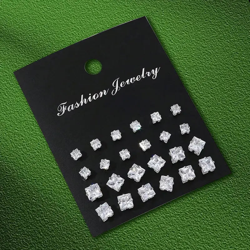12 Pairs OF  Stainless Steel Stud Earrings with Gemstone Buds Round, SQUARE, SHAPE CHOICES. Unisex Fashion Jewelry Gifts