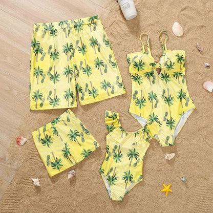Matching  Family Outfits,.   Coconut Tree Print Holiday Look.  Beachwear for  Adults/ Kids.   Swimsuits for  Women /Girls. One-piece Suit for  Men /Boys Shorts