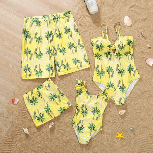 Matching  Family Outfits,.   Coconut Tree Print Holiday Look.  Beachwear for  Adults/ Kids.   Swimsuits for  Women /Girls. One-piece Suit for  Men /Boys Shorts