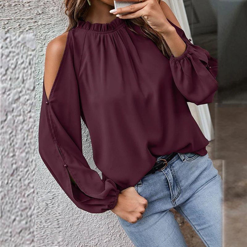 Autumn and Winter New Women's Clean Color Lotus Leaf Round Neck Long Sleeve Pleated Off Shoulder Fashion Women's Top.  3 colors all available.  BURGUNDY,  DARK GREEN, BLACK,  waiting for everyone to transition into the fall.