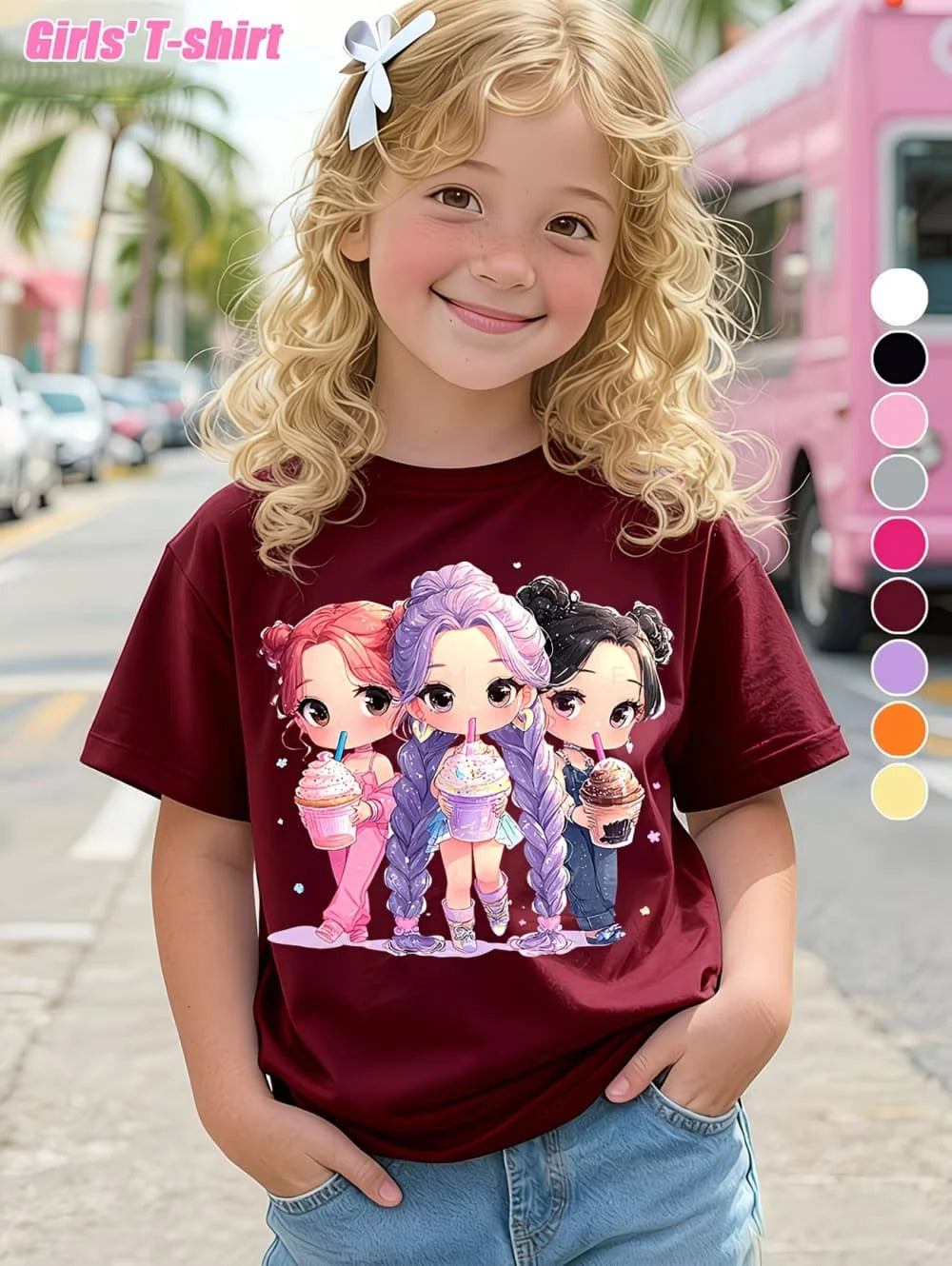 Summer, Kpop Popular Cartoon Print,  Children's Design,  Casual Style,  Round Neck,  Short Sleeved Top,  Kids Clothes