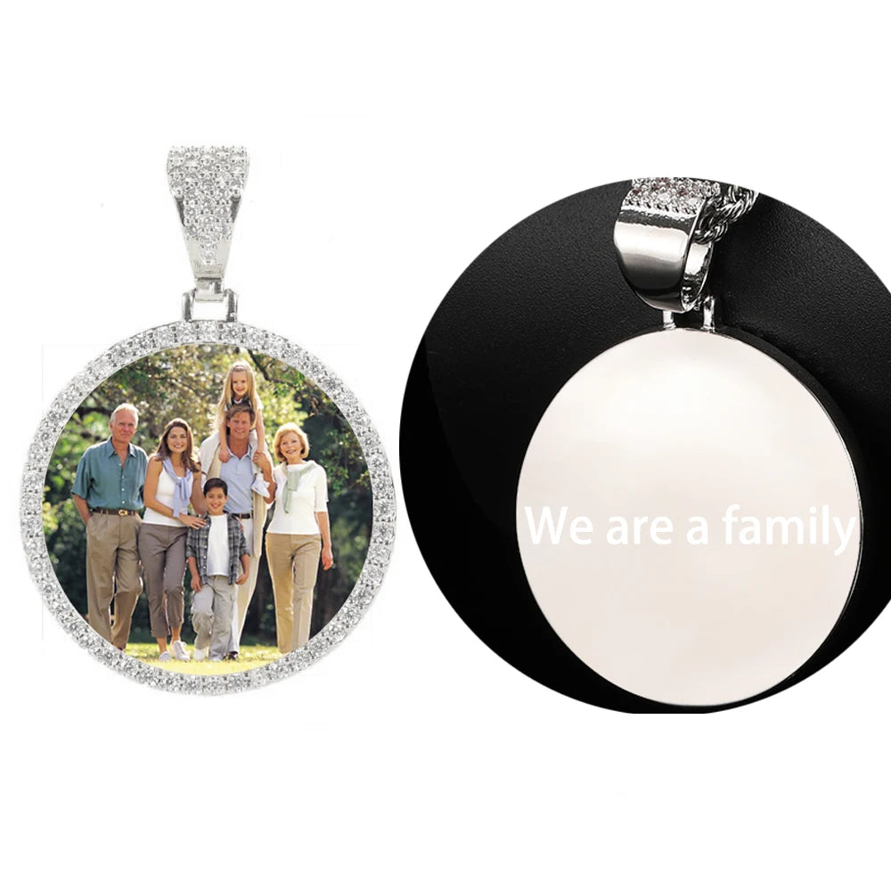 Hip Hop Jewelry Bling CZ Memorial Picture Frames Necklace Personalization Photo Custom 26/35/45/68.5MM Circle Medallions Pendant