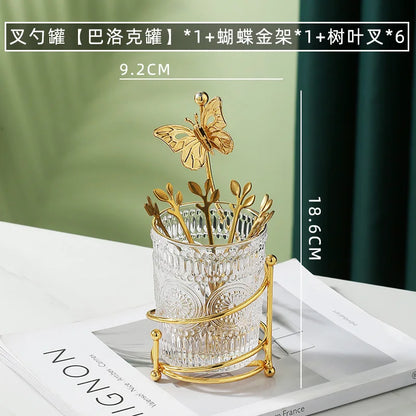 Stainless Steel Fruit Fork Spoon Set Tableware Storage Rack Golden Butterfly Cup Holder Home Dessert Cake Fork Home Decoration