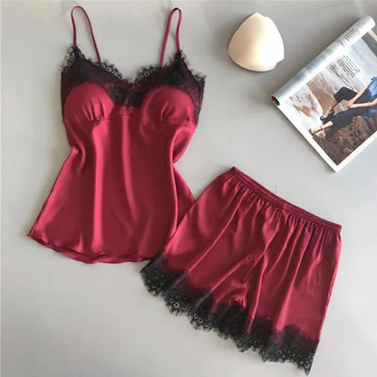 Women Pajama V-Neck Lace, Sexy Lingerie and Sleep Shorts Set