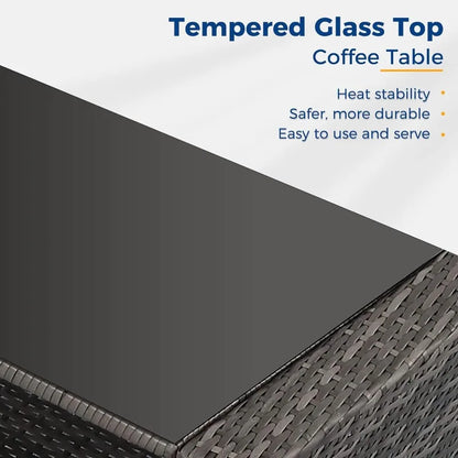 5-Piece Patio Set All Weather Wicker, Outdoor Sofa with Cushions & Glass Table, Grey Conversation Set