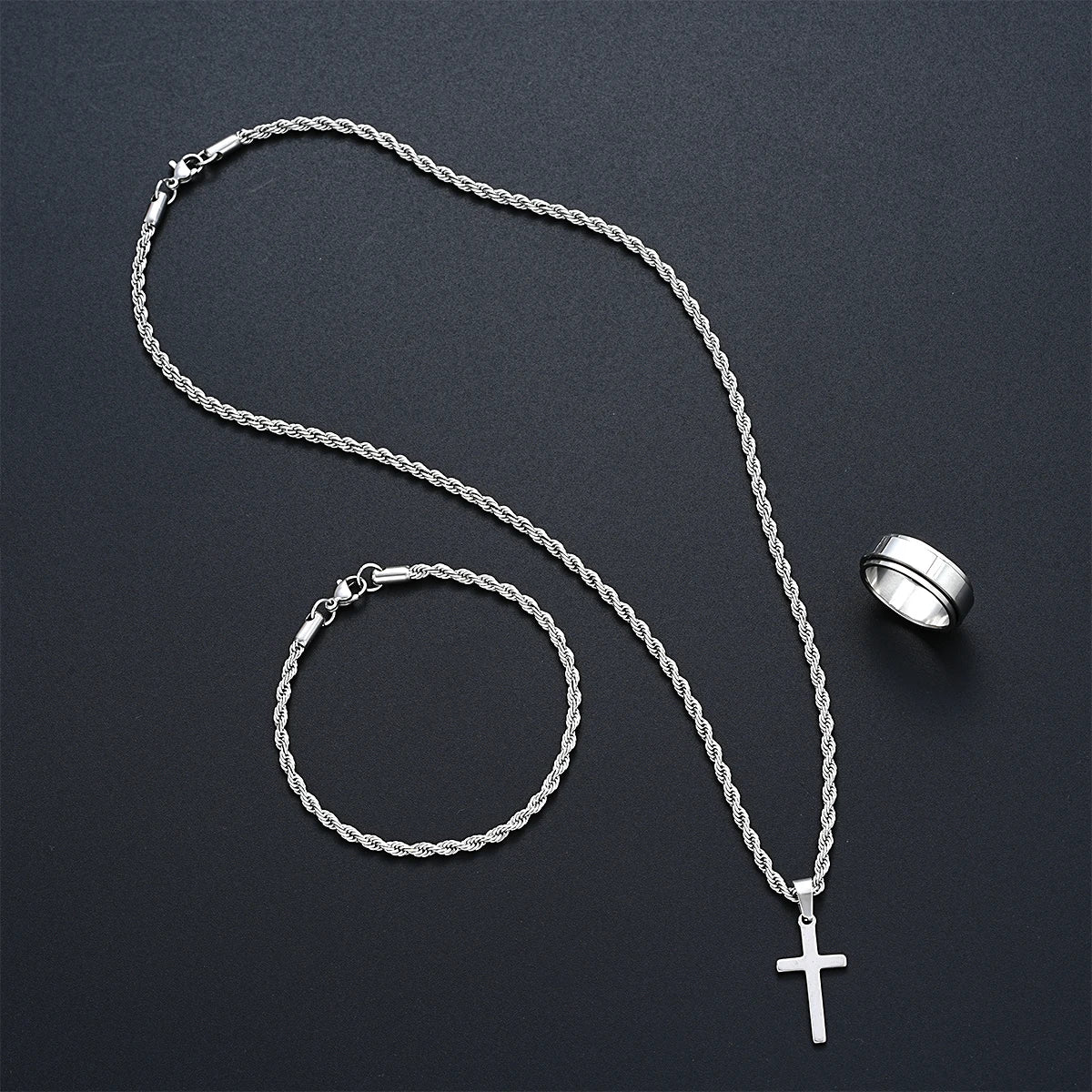 Stainless Steel Simple  3 piece Jewelry Set For Men /Women.  Fashion Silver Color,  Cross Pendant,  Twisted Rope Necklace and Bracelets with Ring Gift.